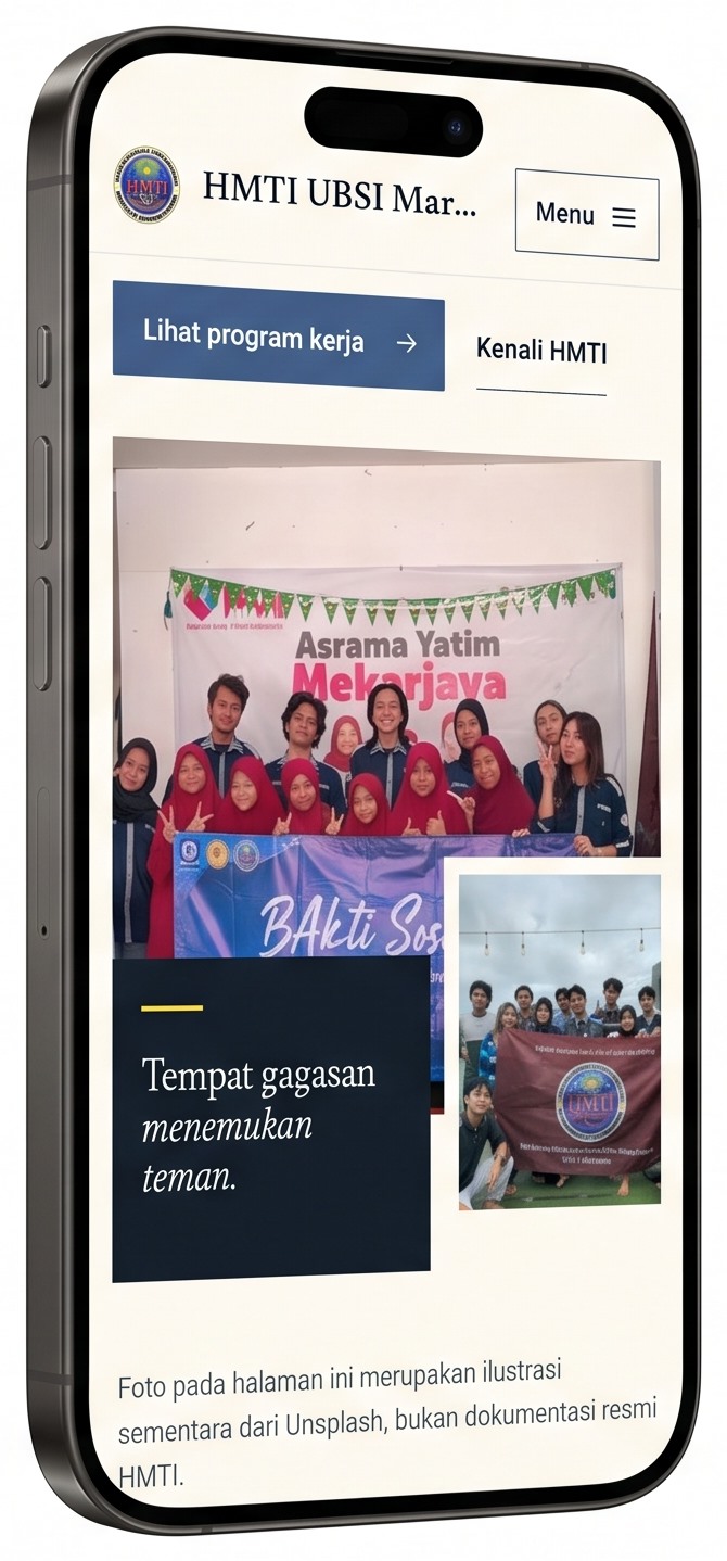 HMTI UBSI Margonda homepage on an iPhone, with the 'Lihat program kerja' call to action, the Bakti Sosial photo, and the temporary-illustration notice