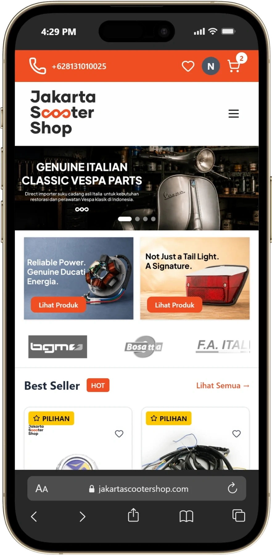 Jakarta Scooter Shop phone screen on iPhone with a Vespa banner, a Lihat Produk button, a row of brands, and parts cards