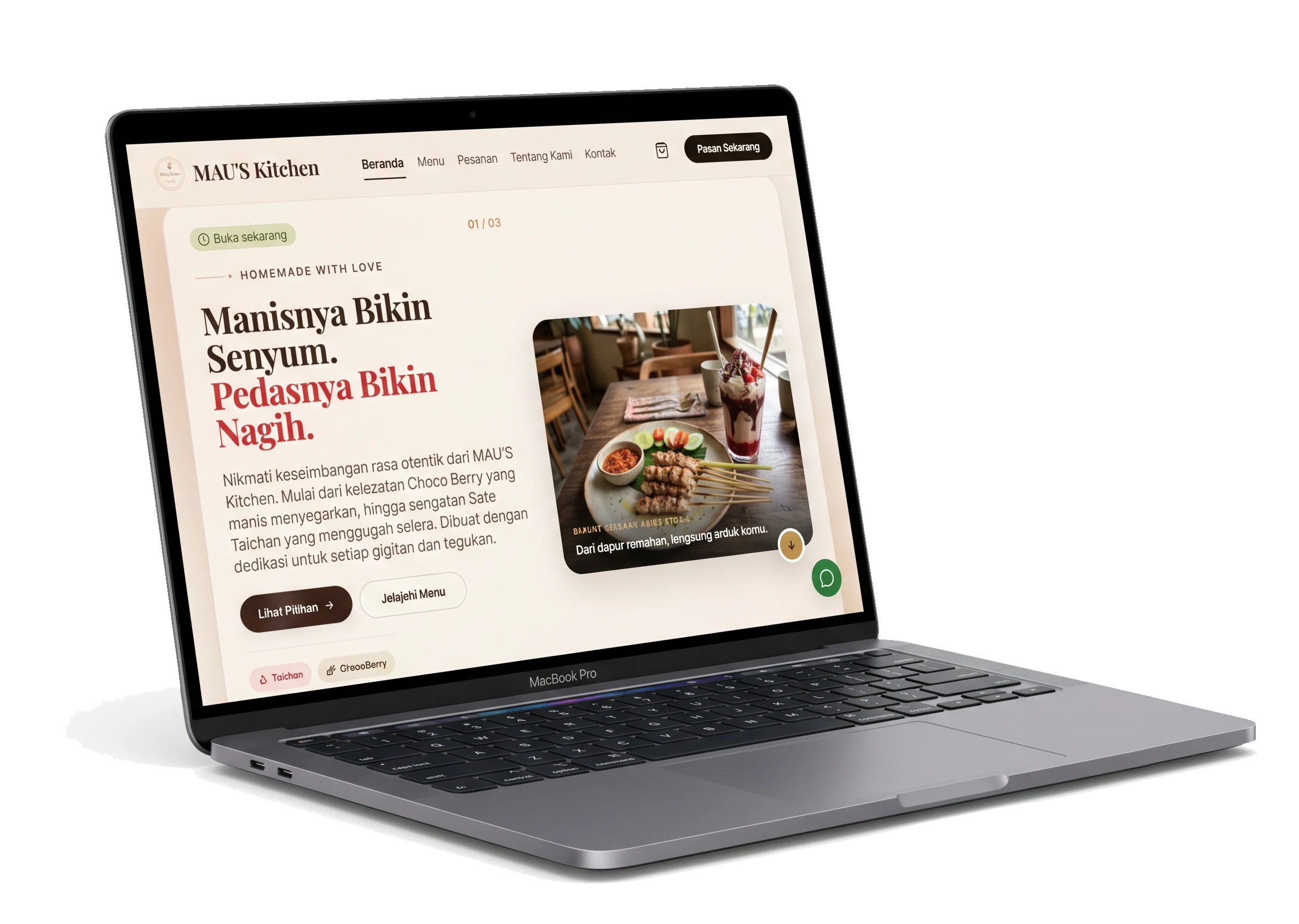 MAU'S Kitchen homepage on desktop: cream hero with sate taichan and ChocoBerry photography
