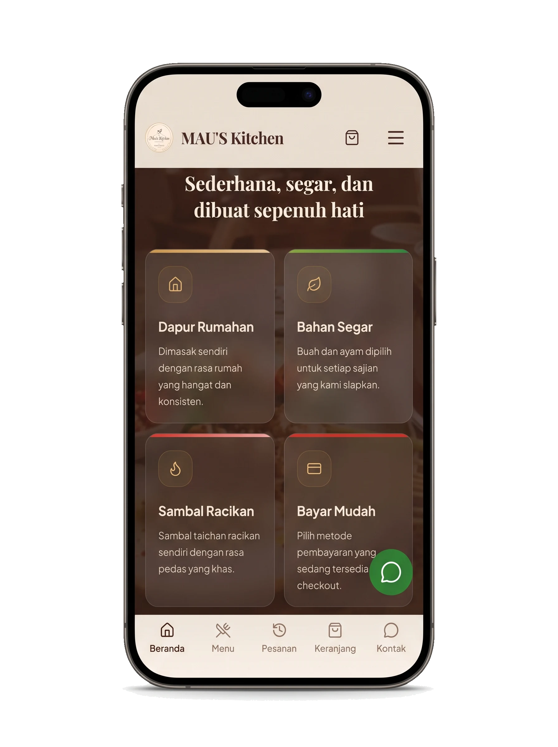 MAU'S Kitchen phone screen with Dapur Rumahan, Bahan Segar, Sambal Racikan, and Bayar Mudah cards and the bottom navigation
